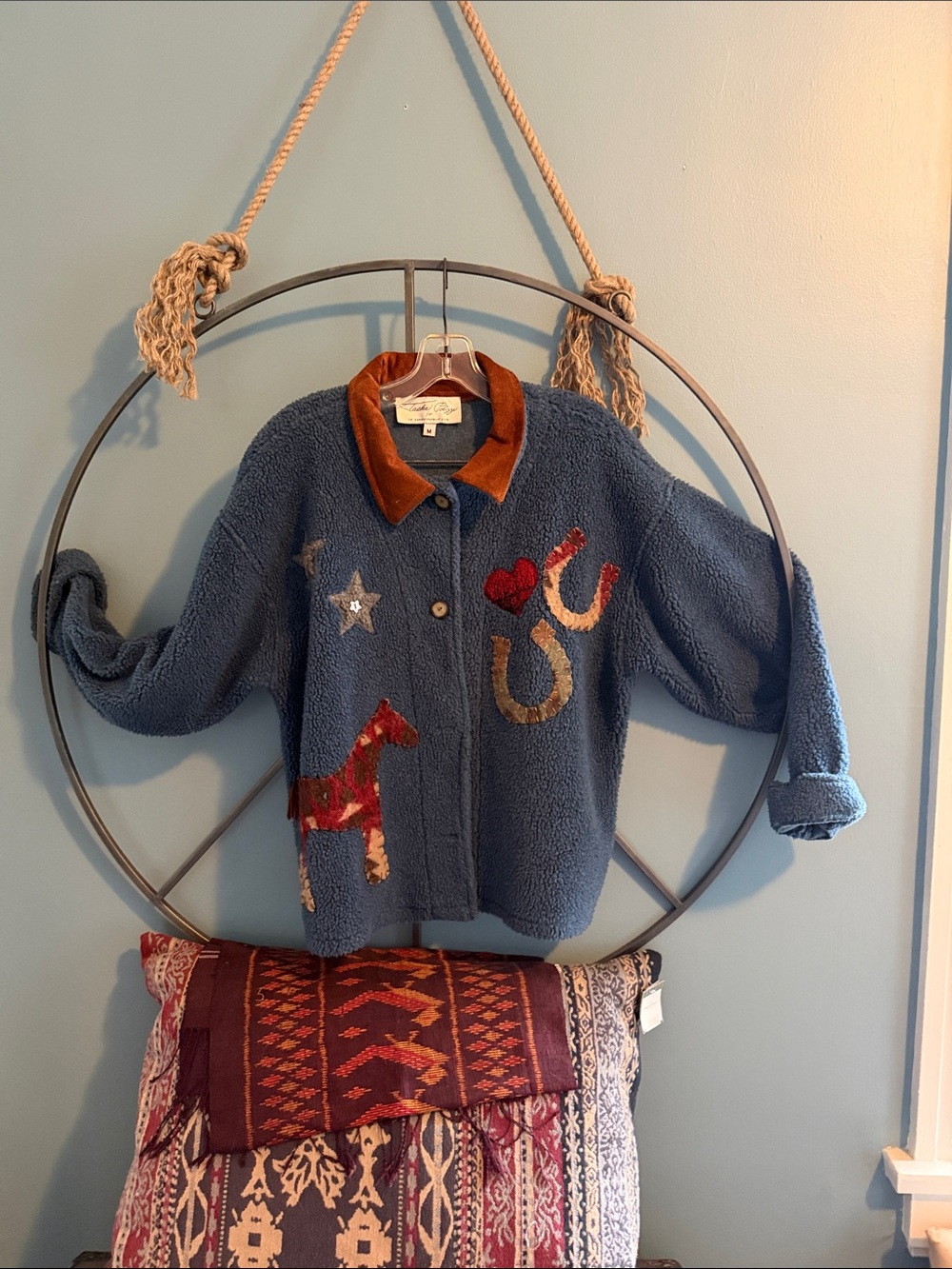 Tasha Polizzi Navy Blue Sherpa Jacket with Brown Corduroy Collar